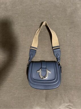 True Religion Blue Horseshoe Mini Flap Bag Wide Logo Strap Purse